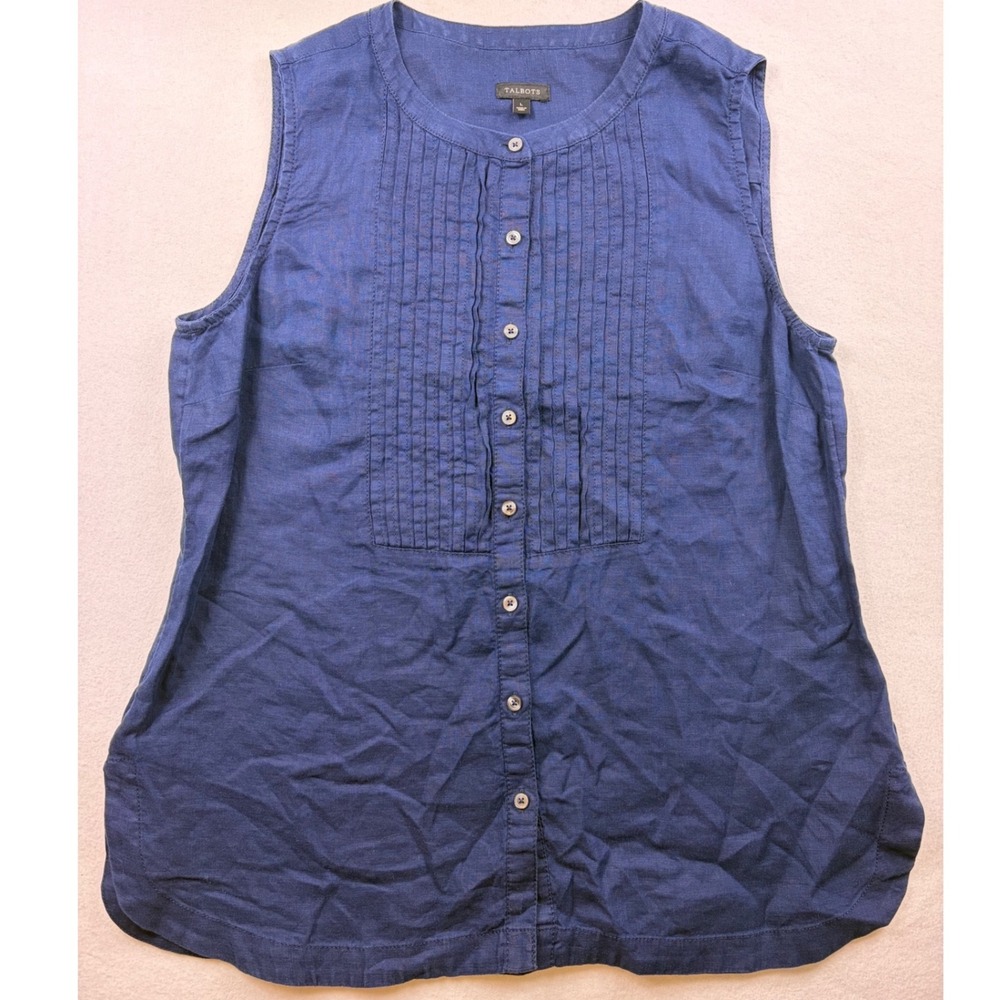 Talbots Blue 100% Linen Sleeveless Pleated Bib Top Large Minimalist Quiet Luxury